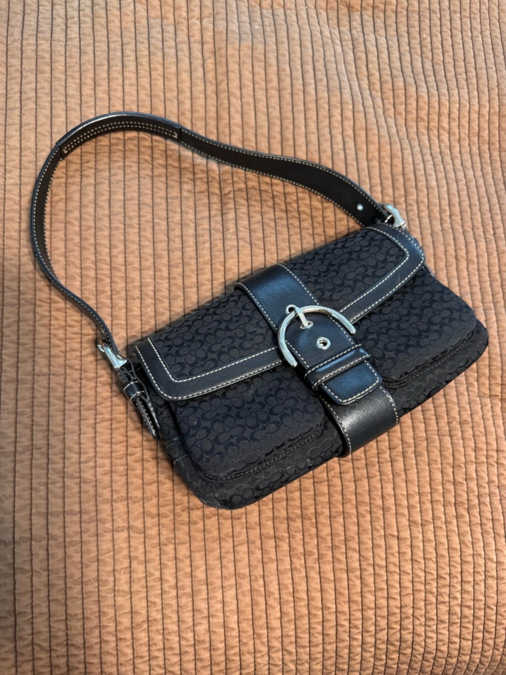 Coach Black Signature Jacquard Shoulder Bag with Buckle